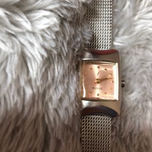 Fossil Watch Pink Face Silver Mesh Band